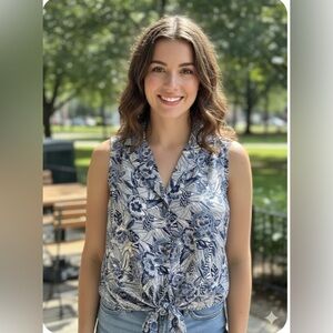 Eclair Navy Floral Tie-Front Sleeveless 100% Polyester Like New  Size S